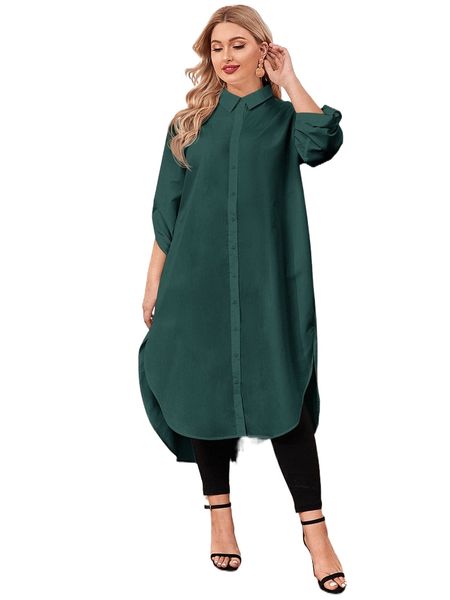 

plus roll tab sleeve curved hem longline blouse s8k9#, Black