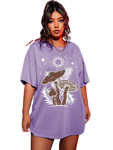 

plus sun & mushroom print drop shoulder tee 322s#, Black