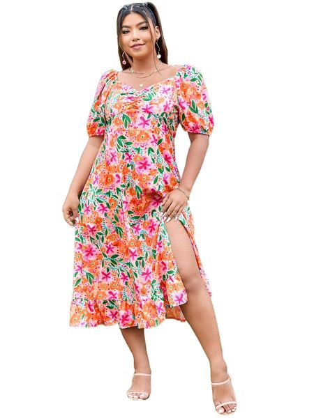 

plus sweetheart neck split thigh floral dress 26pb#, Black