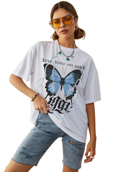 

letter & butterfly print drop shoulder oversized tee d7fw#, White