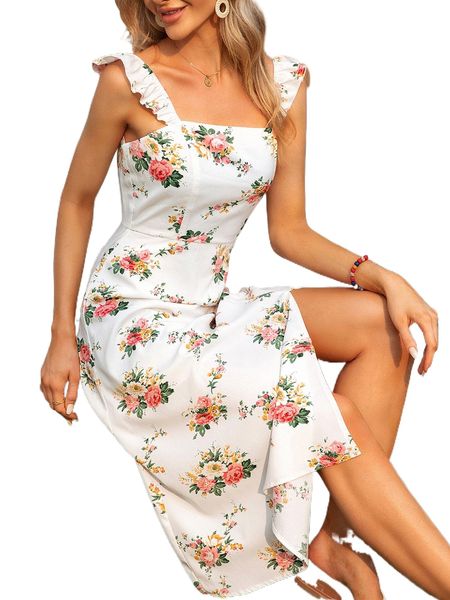 

floral print ruffle trim slit thigh dress o7lm#, Black;gray