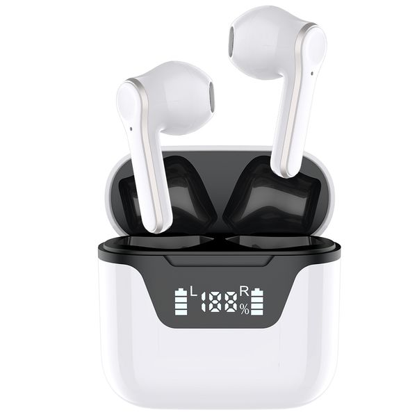 Fones de ouvido TWS Bluetooth sem fio em fones de ouvido para ouvido para Apple Android Phone HD Chamada Headset Bass 300mAh Battery Charge LED Display Ipx4 Branco preto à prova d'água