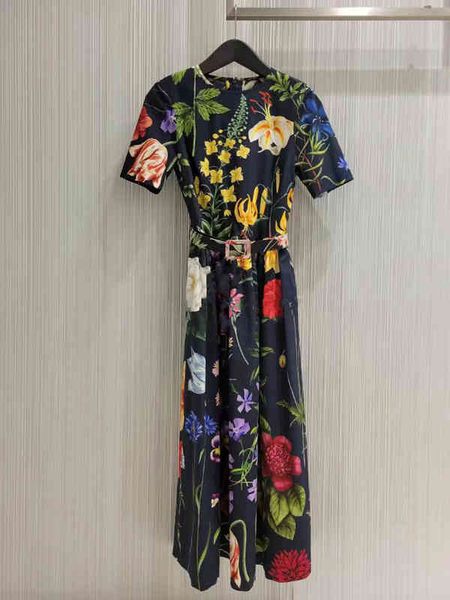 

casual dresses retro corset printed short sleeved dress niche summer light luxury high sense long skirt, Black;gray