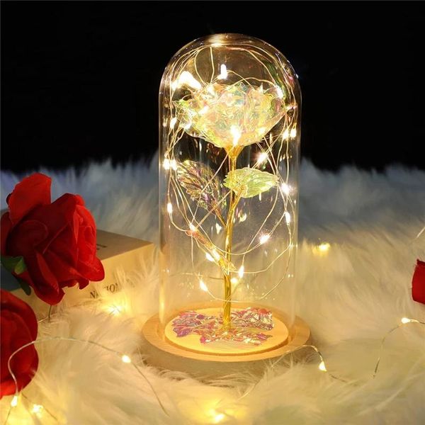 Strings Mothers Day Flowers Gifts Bunte künstliche Blume Galaxy Rose mit LED-Licht in der Glaskuppel von DaughterLED StringsLED