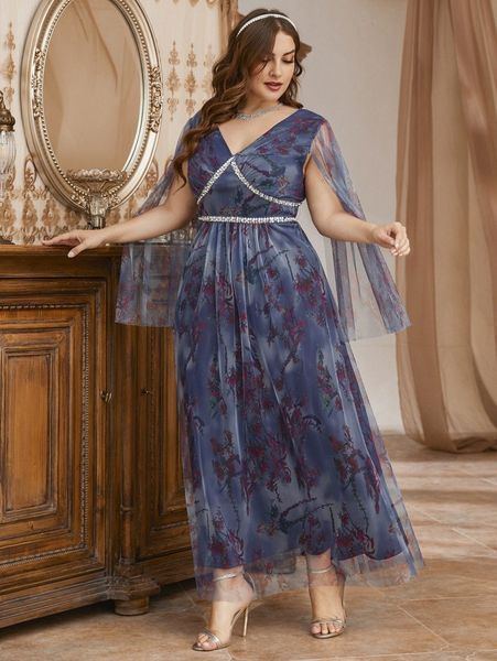 

plus sequin decor cloak sleeve floral mesh prom dress r4ja#, Black