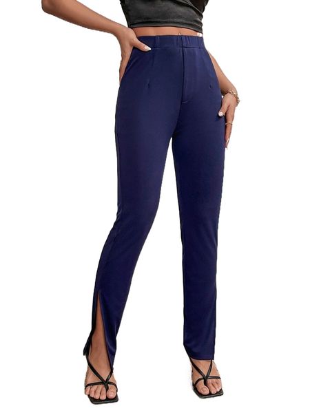 

elastic waist split hem pants j8k8#, Black;white