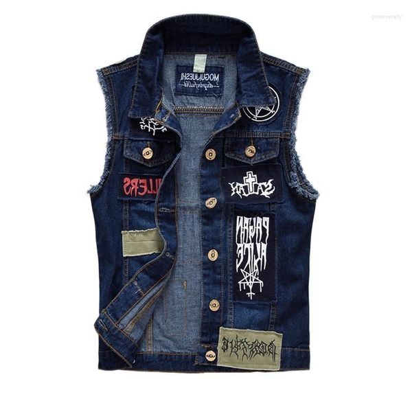 Gilet da uomo Yelek Erkek 2022 Patch Design Jeans Gilet Jeans strappati Gilet Uomo Uomo senza maniche Sfilacciato Taglia 6XL Guin22