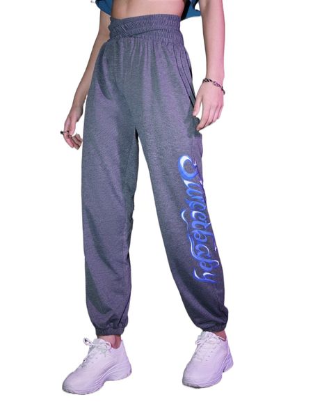 

romwe letter graphic high waist sweatpants f9gh#, Black;white