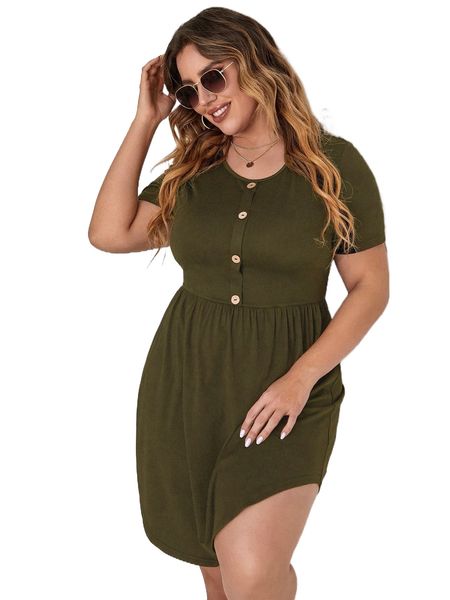 

plus curved hem fake button dress k1cf#, Black