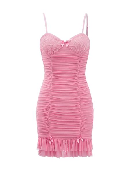 

contrast lace bow ruched ruffle hem bustier cami dress 54q4#, Black;gray