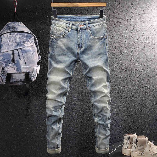 

men's jeans fashion brand used washed jeans men's light color worn out fashion korean slim straight pants 5v5k, Blue