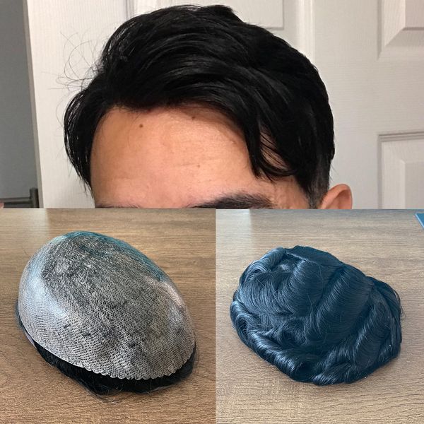 

male hair prosthesis 0.12-0.14mm injection skin toupee men durable wigs 100% human hair system unit capillary, Black