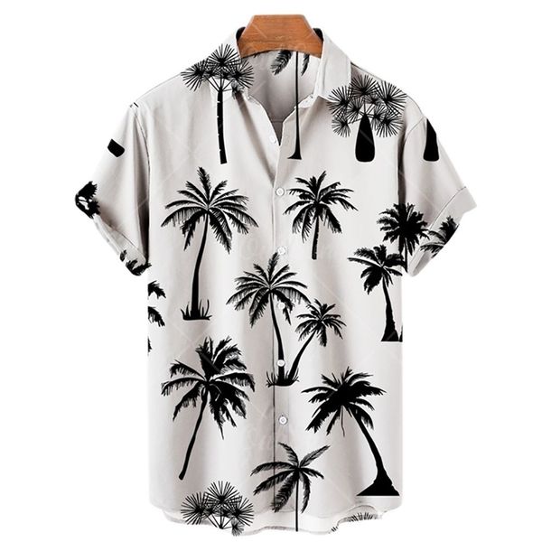 Летние мужские гавайские рубашки Кокосовое дерево 3D Принт повседневной полиэфирной пуговица вниз по пляжу отдыха Aloha Рубашка с коротким рукавом ЕС 220607