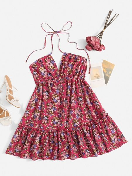 

floral print ruffle hem halter dress c0fn#, Black;gray