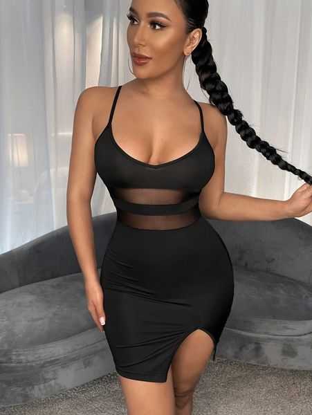 

sxy contrast mesh slit hem dress w5mw#, Black;gray