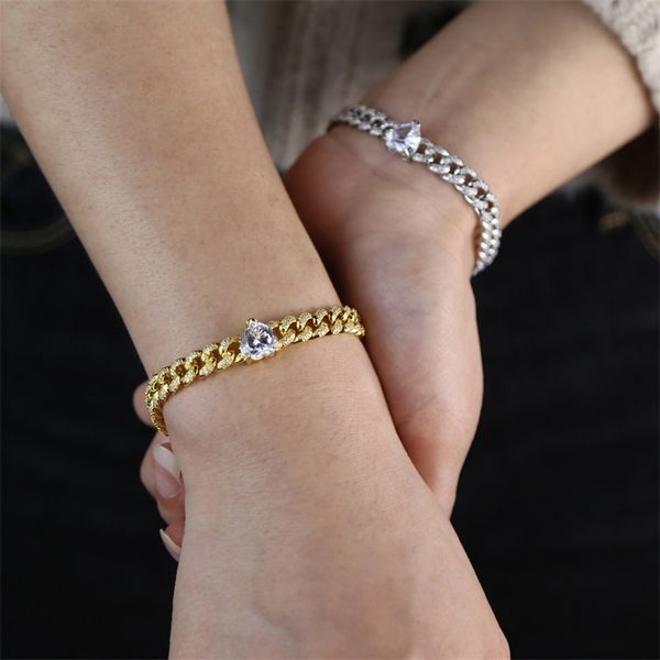 

cuban chain link miami gold color bracelet white cz paved heart charm hip hop fashion punk braclet bangle jewelry for lady women t200423, Black