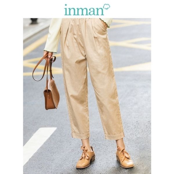 

inman spring arrival minimalist loose cotton solid color flower high waist fitting fashion cropped causal pants y200418, Black;white