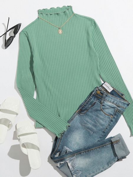 

mock neck lettuce trim rib-knit tee p3pk#, White