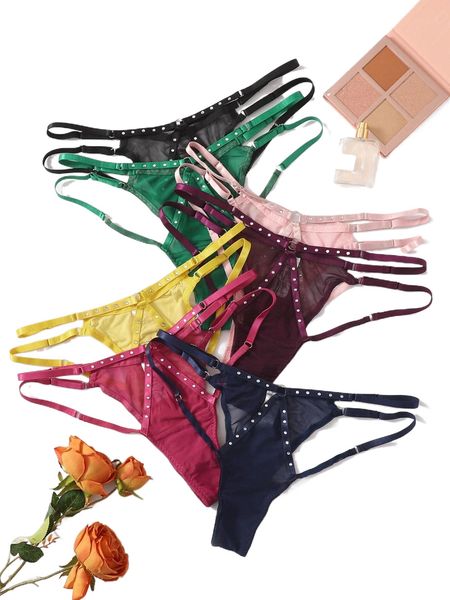 

plus 7pack rhinestone mesh thong panty set b0s3#, Black;white