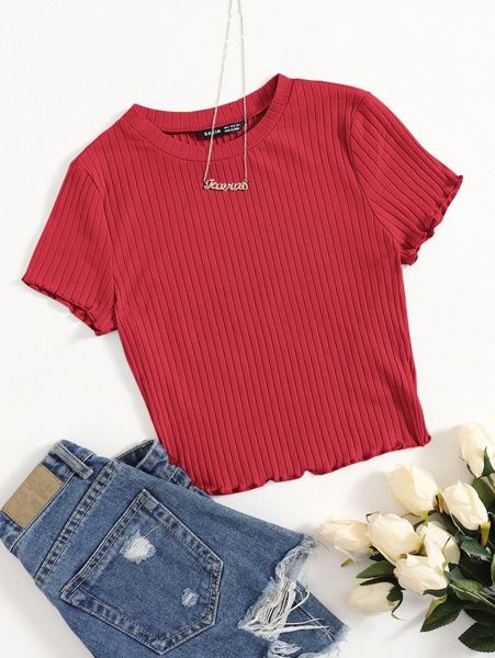 

solid lettuce trim rib-knit tee 70sj#, White
