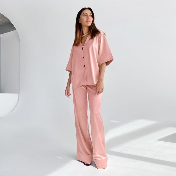 

summer short-sleeved pajamas loose sleepwears and comfortable silk trousers two-piece satin woman clothes clothing setsroom wear, Black;red