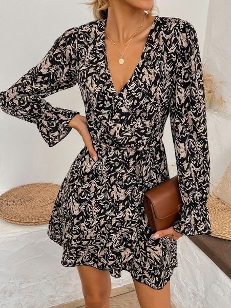 

allover print flounce sleeve belted dress x3z6#, Black;gray