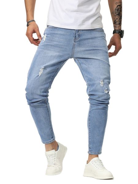 

men ripped cat whisker skinny jeans j3ma#, Blue