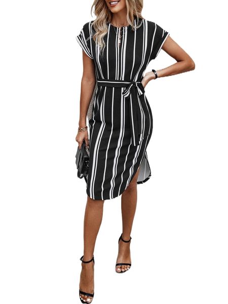 

striped print notched neck belted dress w7m2#, Black;gray