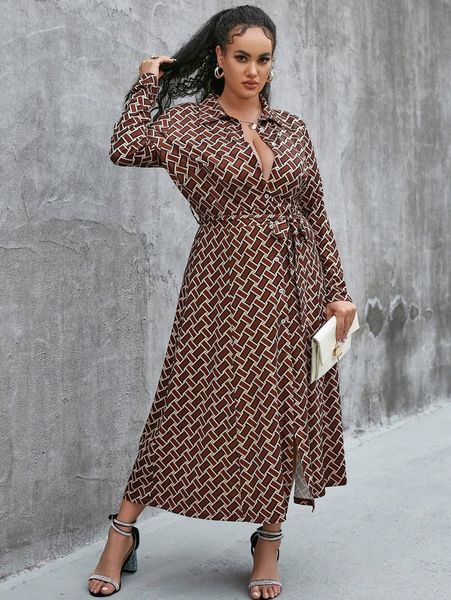 

glamaker plus collared buttoned front self belted allover print dress s4d8#, Black