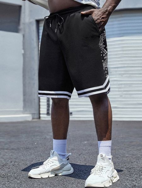 

extended sizes men paisley print striped trim drawstring waist shorts a12b#, White;black