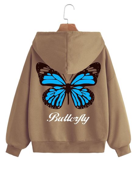 

letter & butterfly print thermal lined zip up hoodie r8nn#, Black