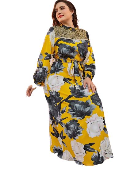 

plus floral print lace insert frilled lantern sleeve belted dress j71t#, Black