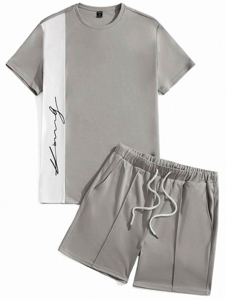 

men letter graphic colorblock tee & drawstring waist shorts s0y5#, Gray