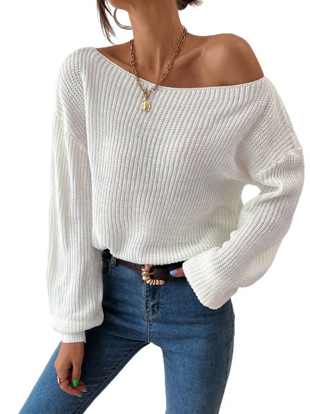 

boat neck eyelet detail drop shoulder sweater m3z3#, White;black