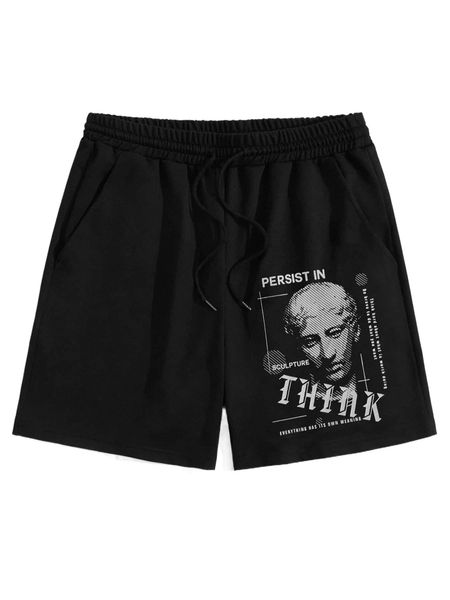 

men slogan & figure graphic drawstring waist shorts r330#, White;black