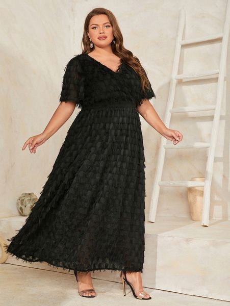 

plus surplice neck fuzzy overlay dress b9yy#, Black