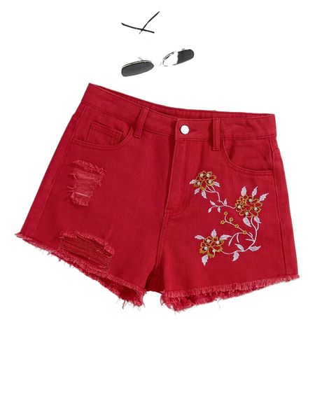 

floral embroidery raw hem ripped shorts 19zg#, White;black