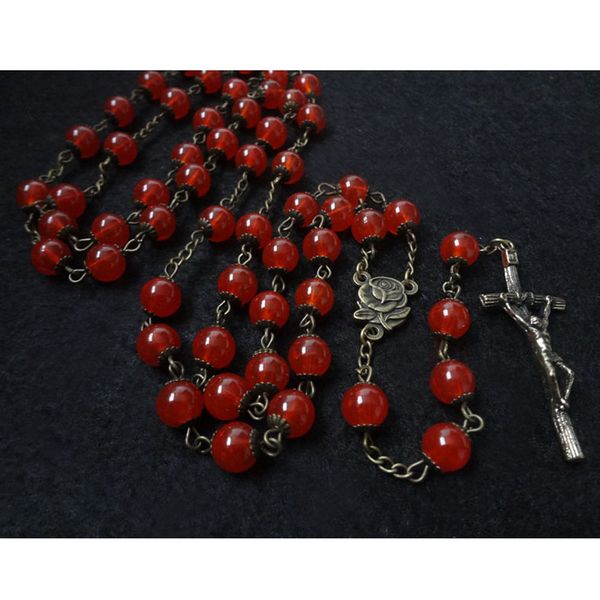 

catholic christian antique bronze red glass beads cross jewelry rosary necklace, Silver