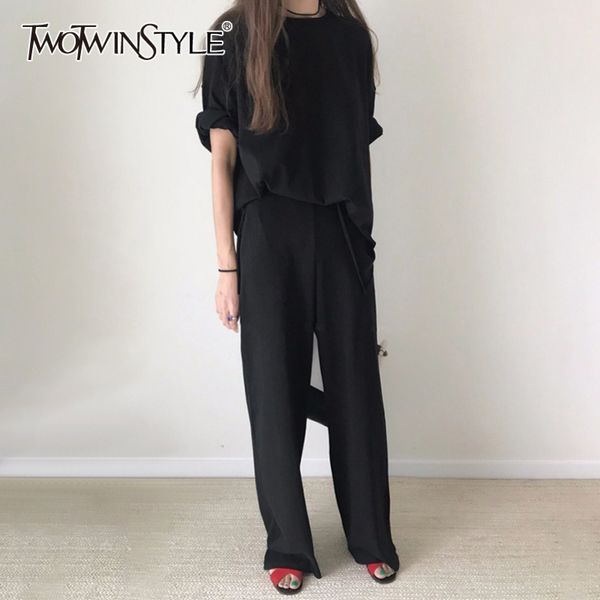 

white loose two piece set for women o neck short sleeve t shirt high waist wide leg pants casual sets female spring 210423