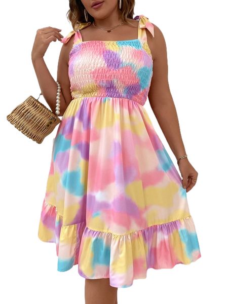 

plus tie dye shirred tie shoulder ruffle hem cami dress f8xx#, Black