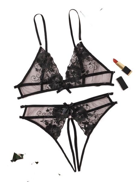 

embroidery sheer mesh crotchless lingerie set l438#, Black;red