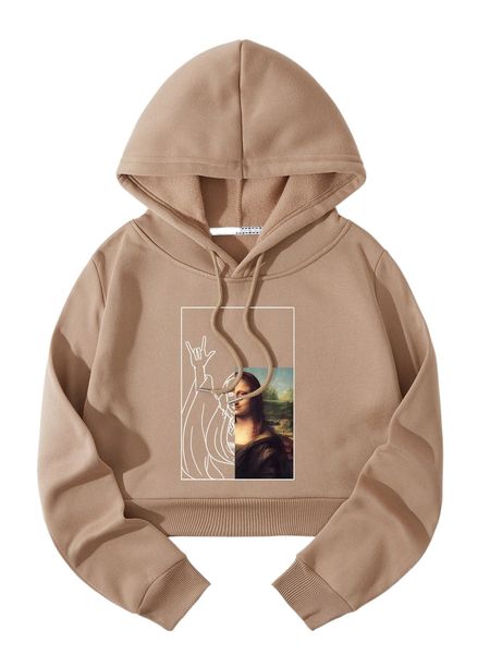 

figure graphic thermal lined crop drawstring hoodie u815#, Black