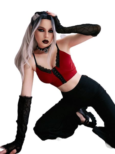 

contrast lace velvet crop cami b7uj#, White