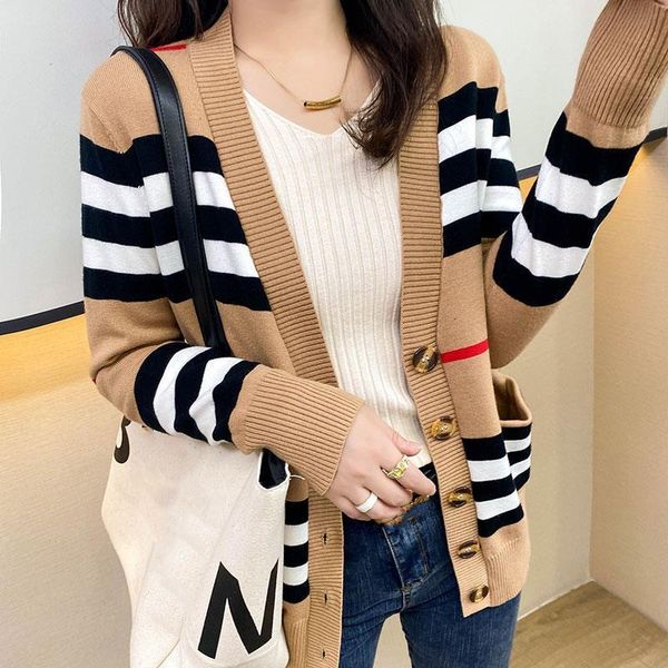 

women's sweater women jacket cashmere cardigan mid-length knitted v-neck loose striped sweater thin ladies trench coat #002, White;black
