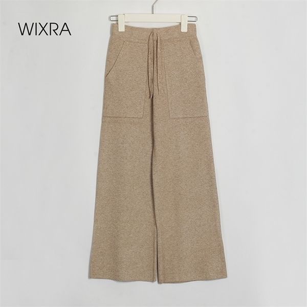 

wixra casual womens knitted pants lace-up loose high waist warm thick wide-leg trousers autumn winter womens clothing 201228, Black;white