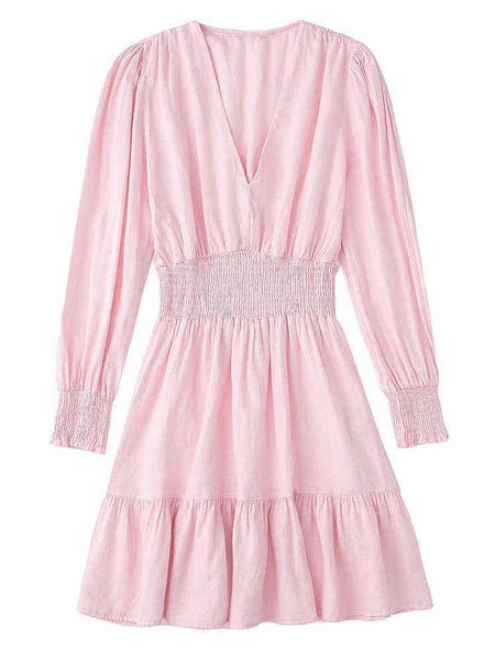 

2022 spring women fashion layered panel pink dress versatile long sleeve v neck elastic waist female short dress l220714, Black;gray