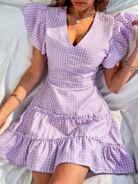 

plaid print butterfly sleeve ruffle hem dress k1dy#, Black;gray