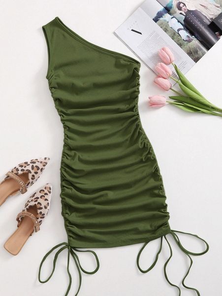 

one shoulder ruched knot side bodycon dress b8jf#, Black;gray