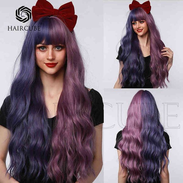 parrucca moda femminile Qi frangia viola colore di contrasto testa Yin Yang capelli lunghi ricci materiale di seta ad alta temperatura cosplay 220527
