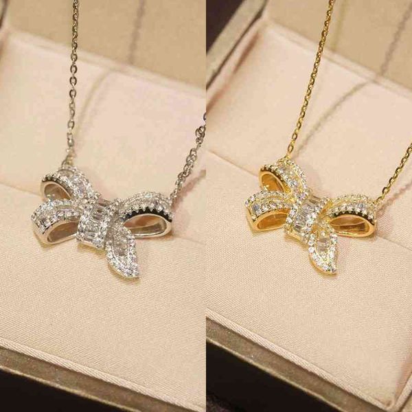 

ins fashion small fragrance inlaid with diamond light luxury girl super fairy bow necklace feminine temperament elegant clavicle chain, Silver